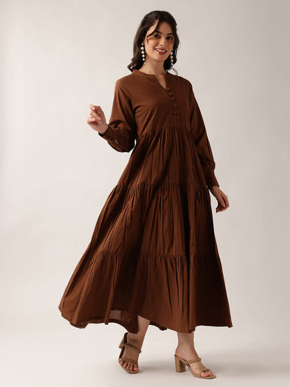 Coffee Solid Flared Cotton Dress