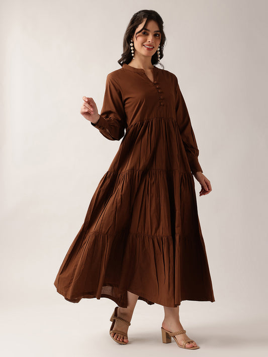 Coffee Solid Flared Cotton Dress