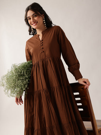 Coffee Solid Flared Cotton Dress