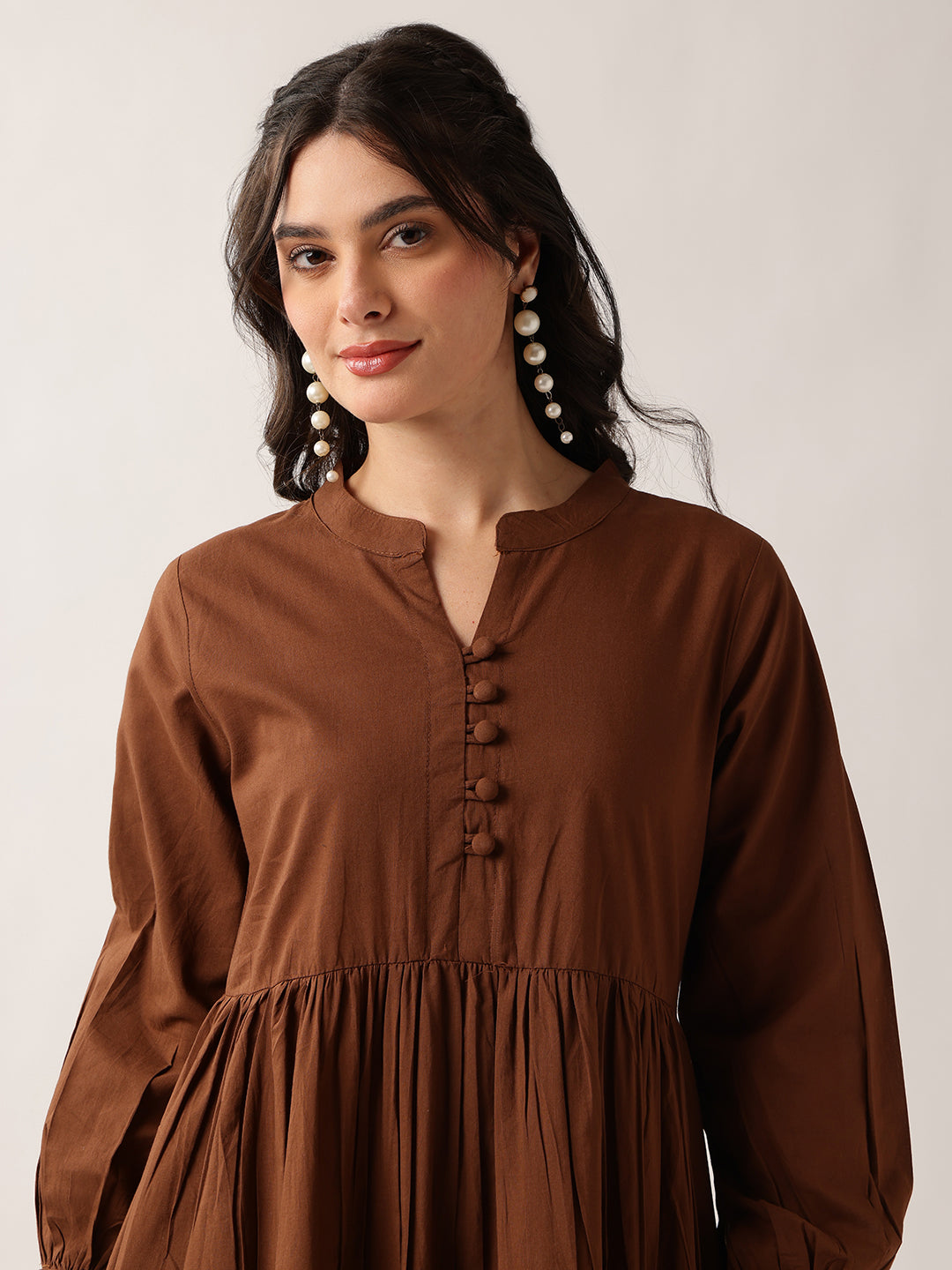 Coffee Solid Flared Cotton Dress