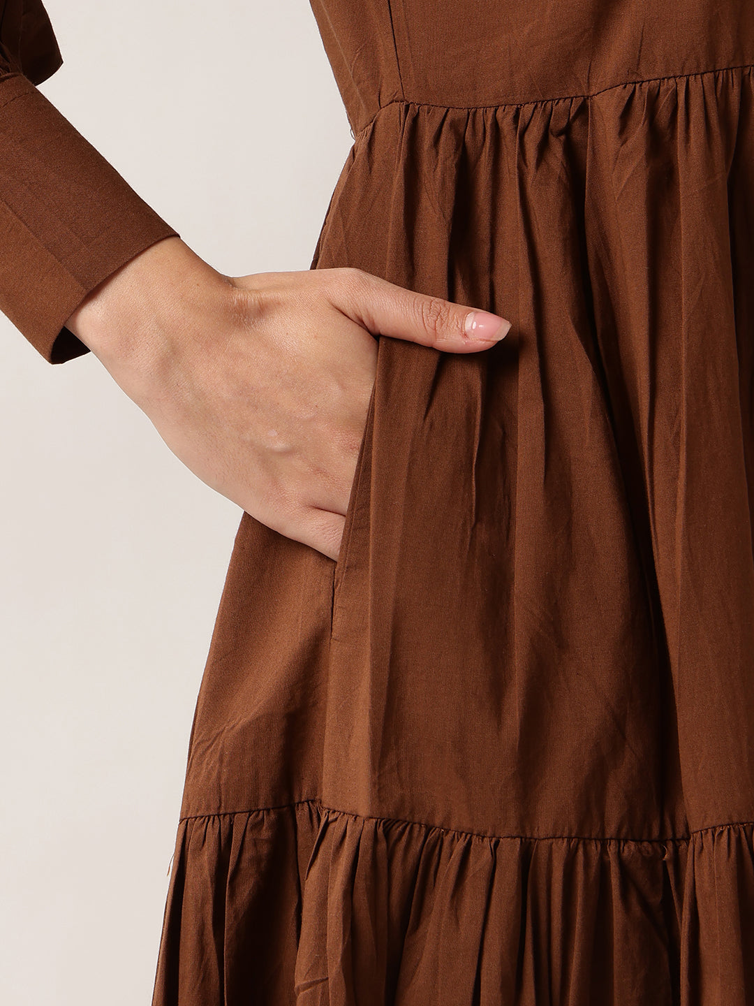 Coffee Solid Flared Cotton Dress