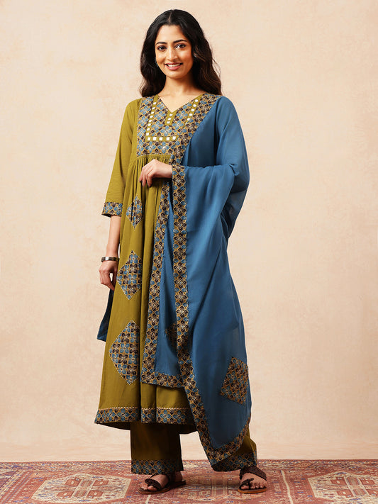 Mehendi Green & Teal Yoke Design  A-Line Cotton Stitched Kurta, Palazzo With Dupatta