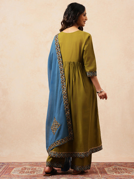 Mehendi Green & Teal Yoke Design  A-Line Cotton Stitched Kurta, Palazzo With Dupatta