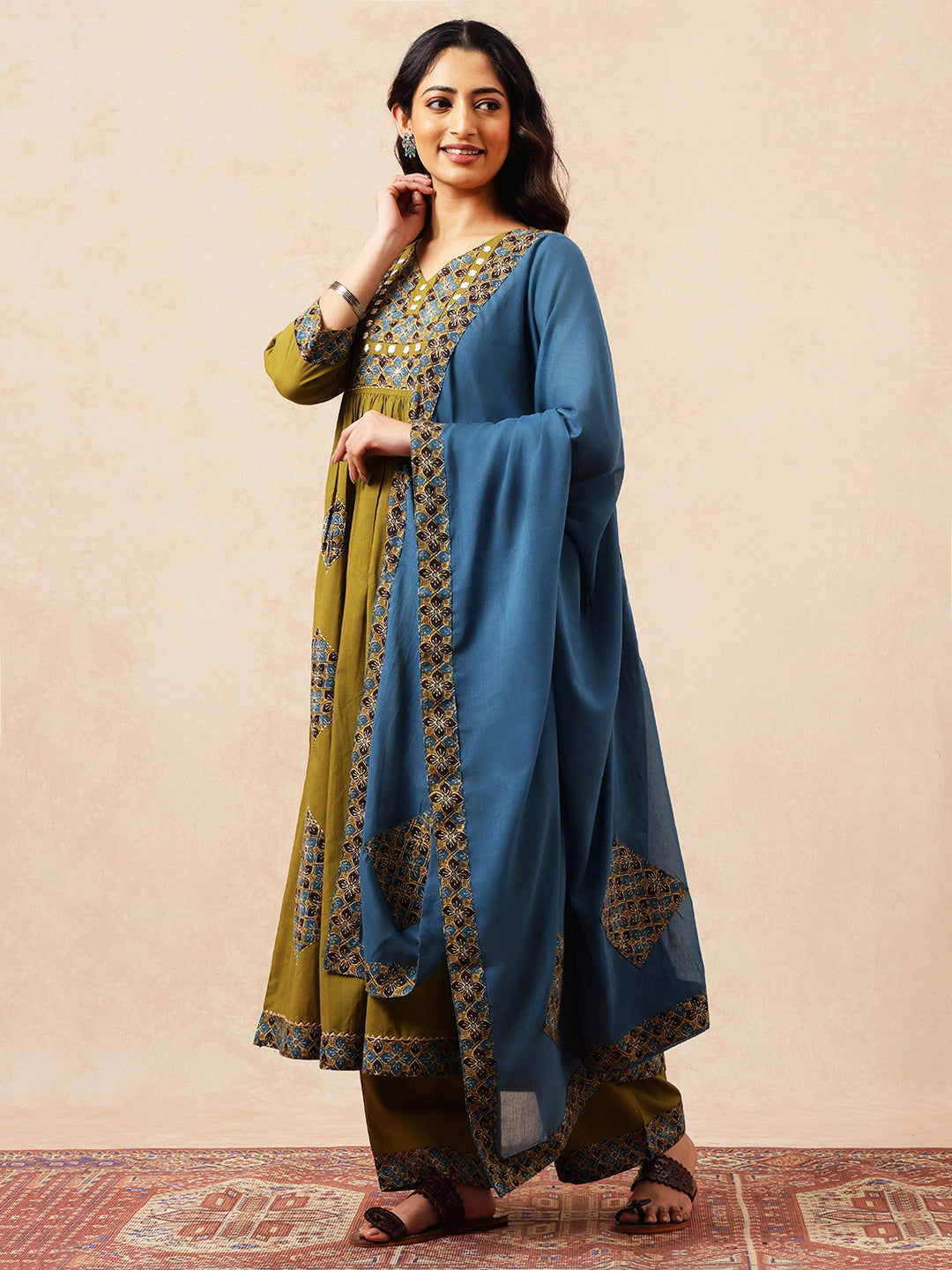 Mehendi Green & Teal Yoke Design  A-Line Cotton Stitched Kurta, Palazzo With Dupatta