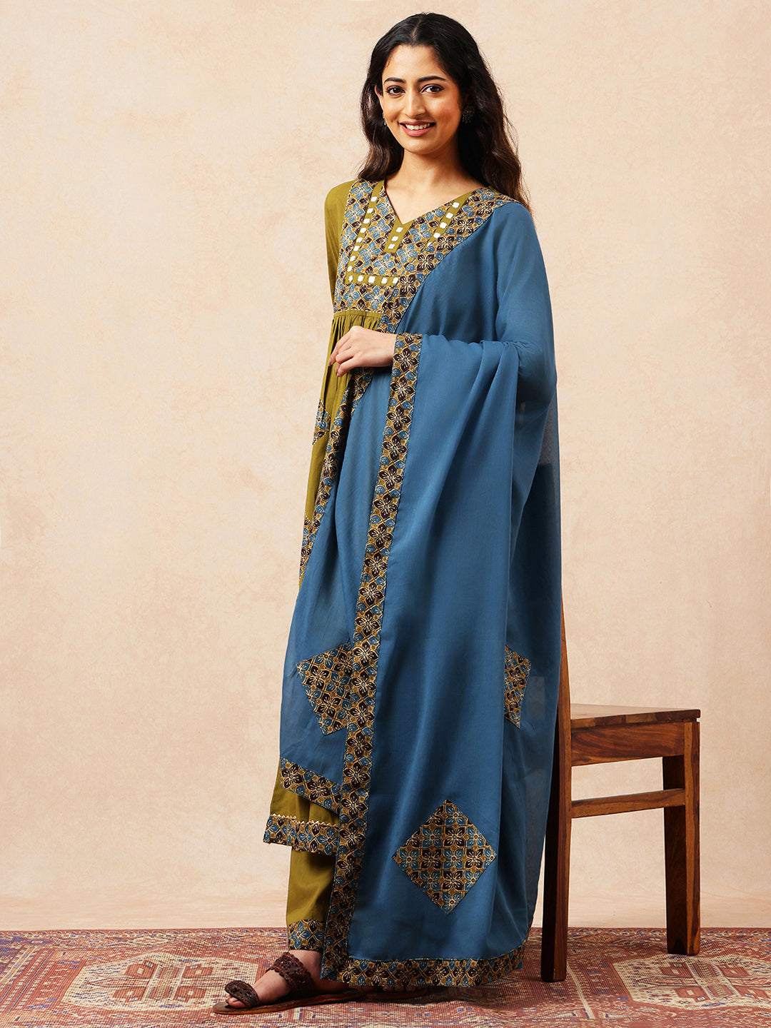 Mehendi Green & Teal Yoke Design  A-Line Cotton Stitched Kurta, Palazzo With Dupatta