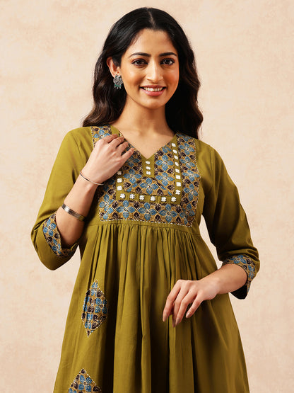 Mehendi Green & Teal Yoke Design  A-Line Cotton Stitched Kurta, Palazzo With Dupatta