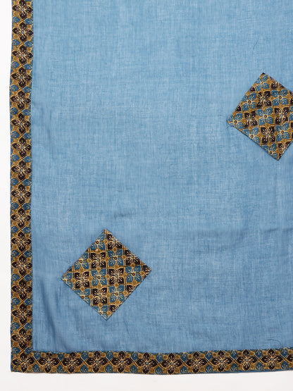 Mehendi Green & Teal Yoke Design  A-Line Cotton Stitched Kurta, Palazzo With Dupatta