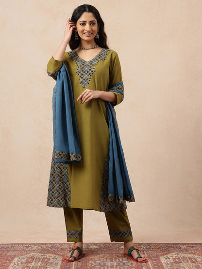 Mehendi Green & Teal Yoke Design  A-Line Cotton Stitched Kurta, Pant With Dupatta