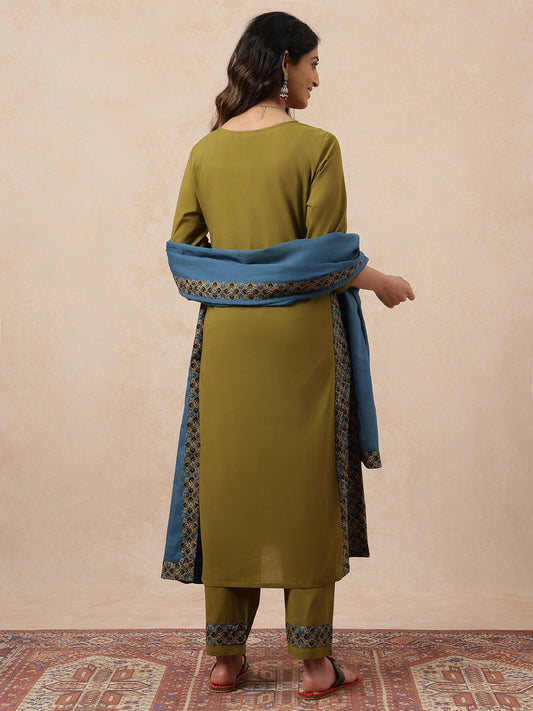 Mehendi Green & Teal Yoke Design  A-Line Cotton Stitched Kurta, Pant With Dupatta