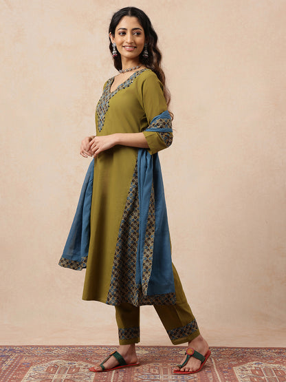 Mehendi Green & Teal Yoke Design  A-Line Cotton Stitched Kurta, Pant With Dupatta