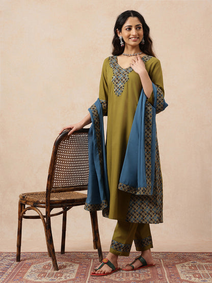 Mehendi Green & Teal Yoke Design  A-Line Cotton Stitched Kurta, Pant With Dupatta