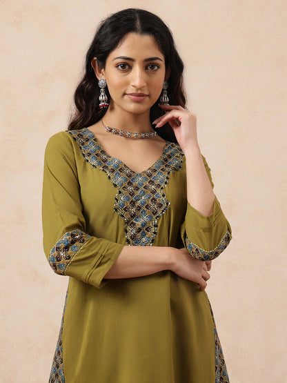 Mehendi Green & Teal Yoke Design  A-Line Cotton Stitched Kurta, Pant With Dupatta