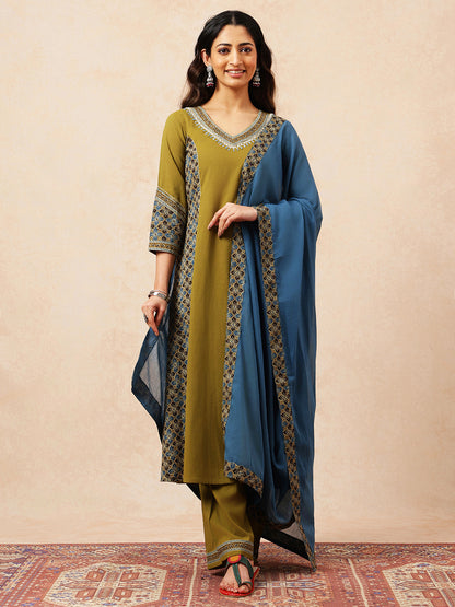 Mehendi Green & Teal Solid A-Line Cotton Stitched Kurta, Palazzo With Dupatta