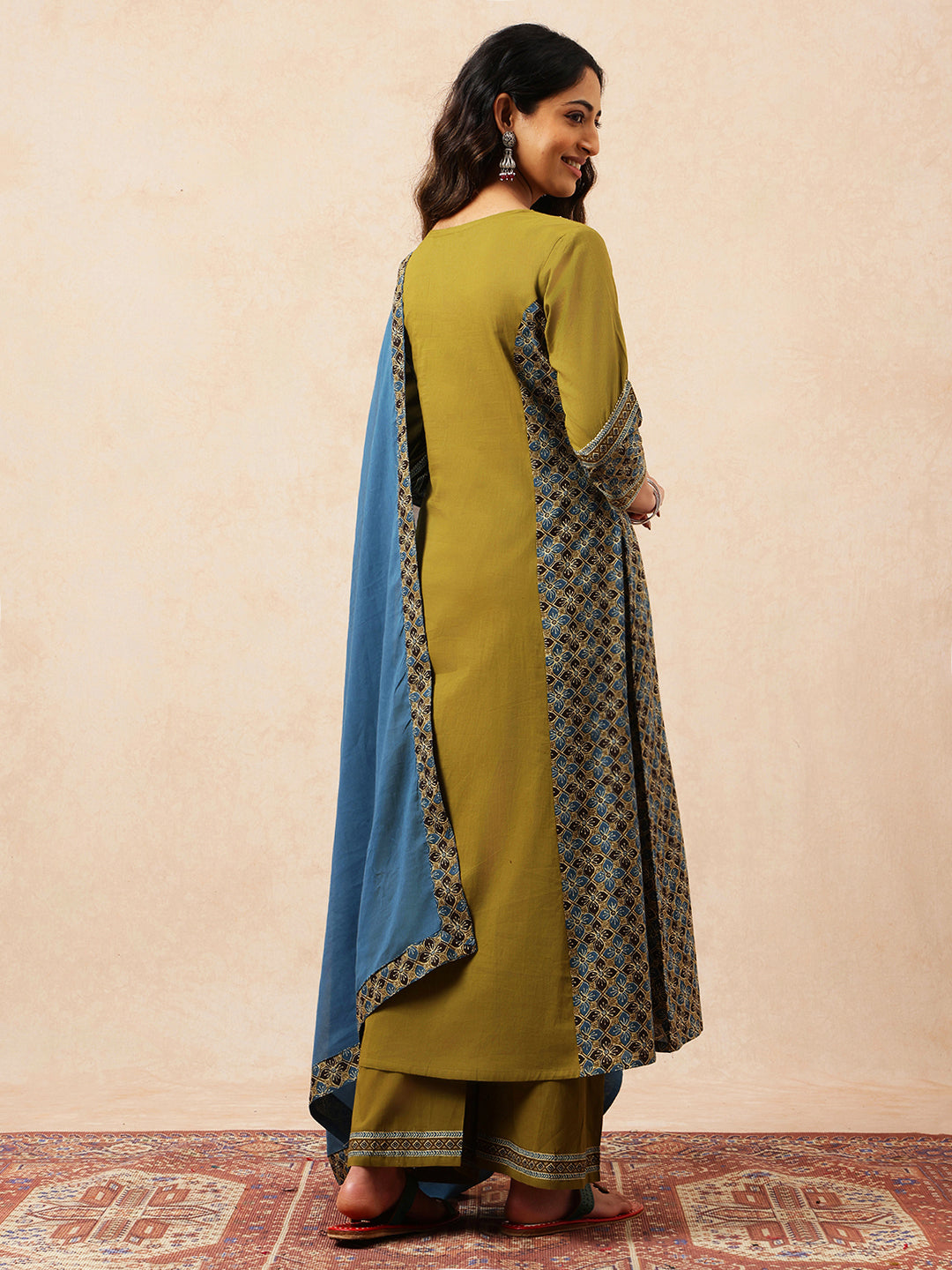 Mehendi Green & Teal Solid A-Line Cotton Stitched Kurta, Palazzo With Dupatta