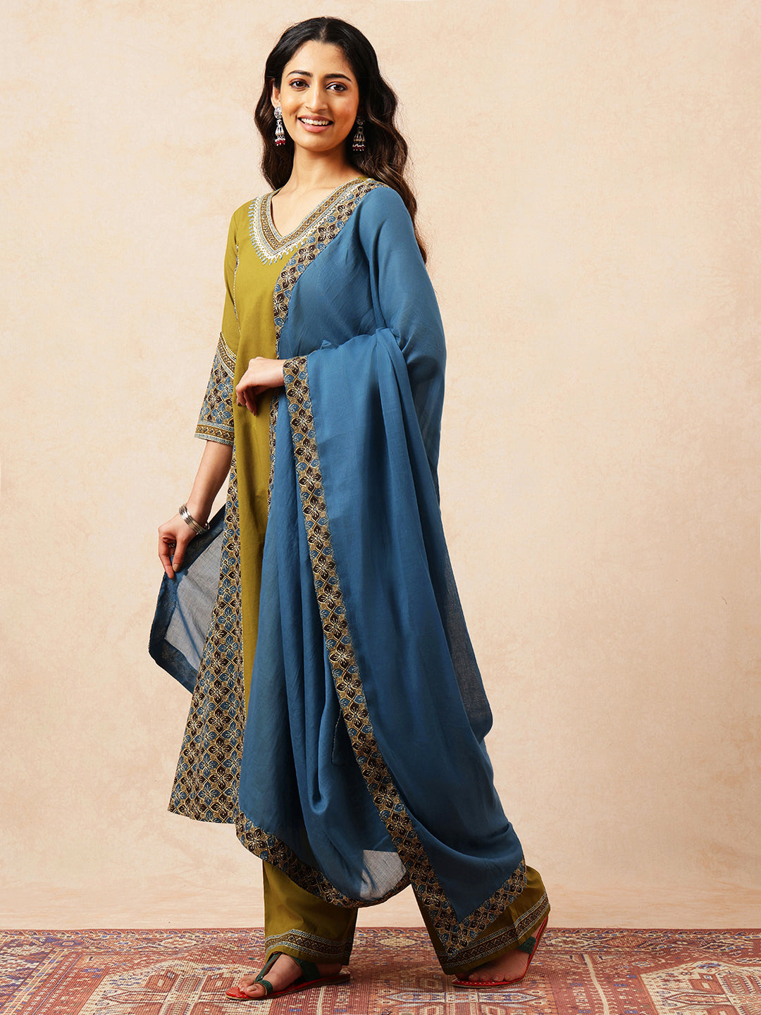 Mehendi Green & Teal Solid A-Line Cotton Stitched Kurta, Palazzo With Dupatta