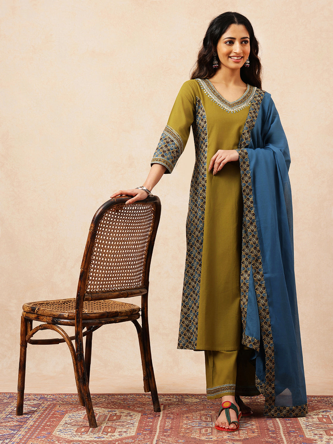 Mehendi Green & Teal Solid A-Line Cotton Stitched Kurta, Palazzo With Dupatta