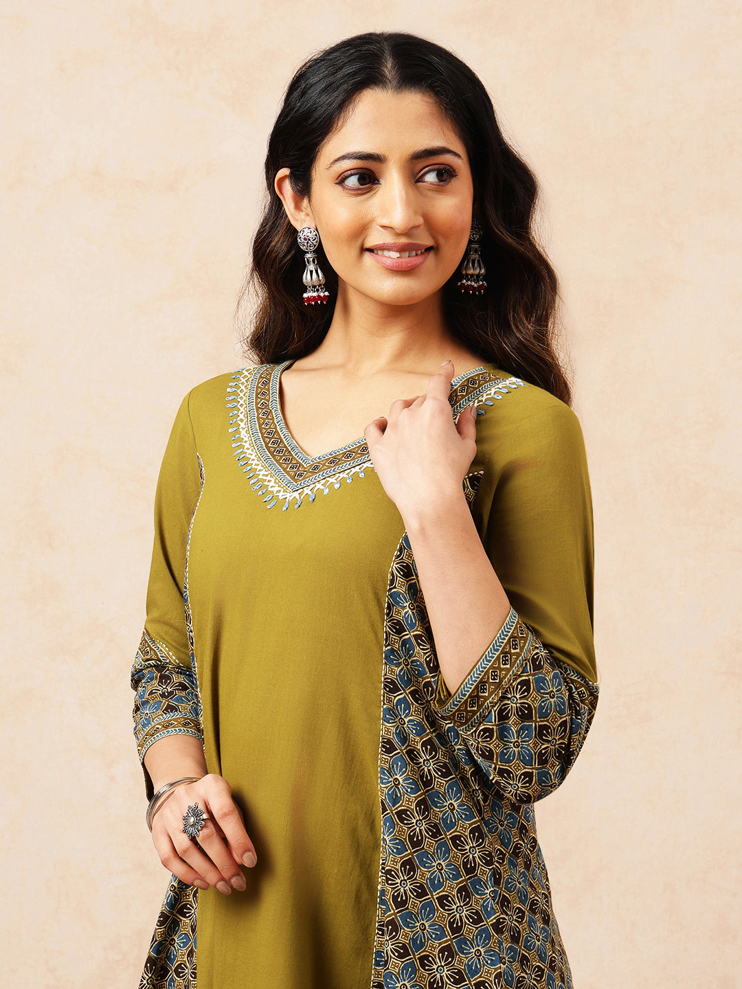 Mehendi Green & Teal Solid A-Line Cotton Stitched Kurta, Palazzo With Dupatta
