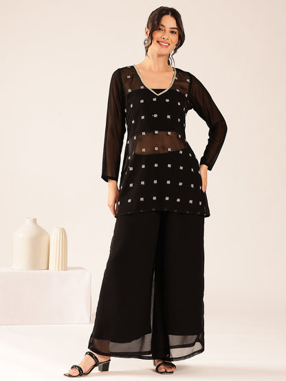 Black Embroidery Straight Georgette Stitched Kurta, Sharara