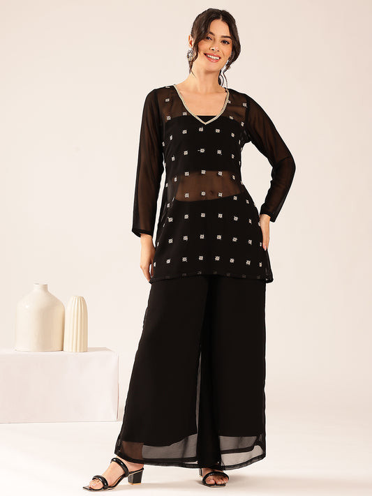 Black Embroidery Straight Georgette Stitched Kurta, Sharara