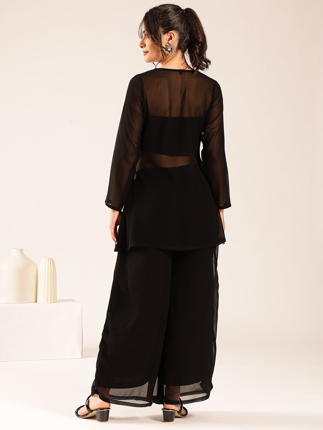 Black Embroidery Straight Georgette Stitched Kurta, Sharara