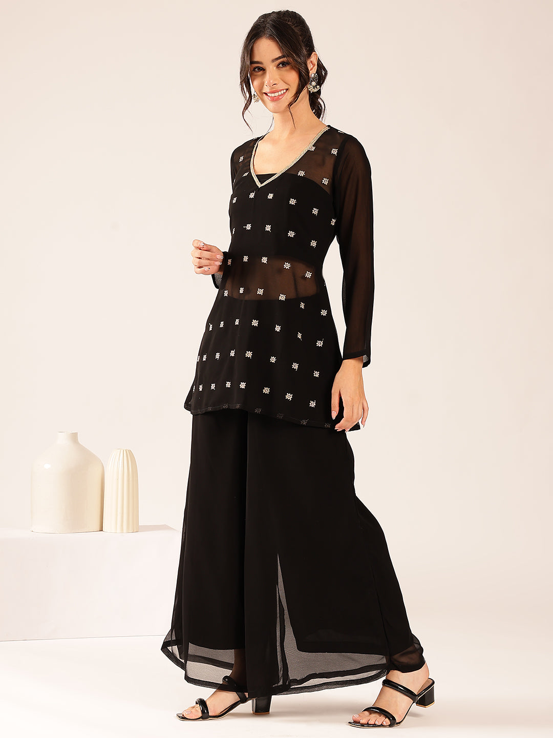 Black Embroidery Straight Georgette Stitched Kurta, Sharara