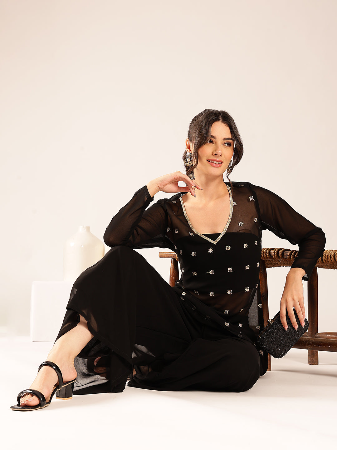 Black Embroidery Straight Georgette Stitched Kurta, Sharara