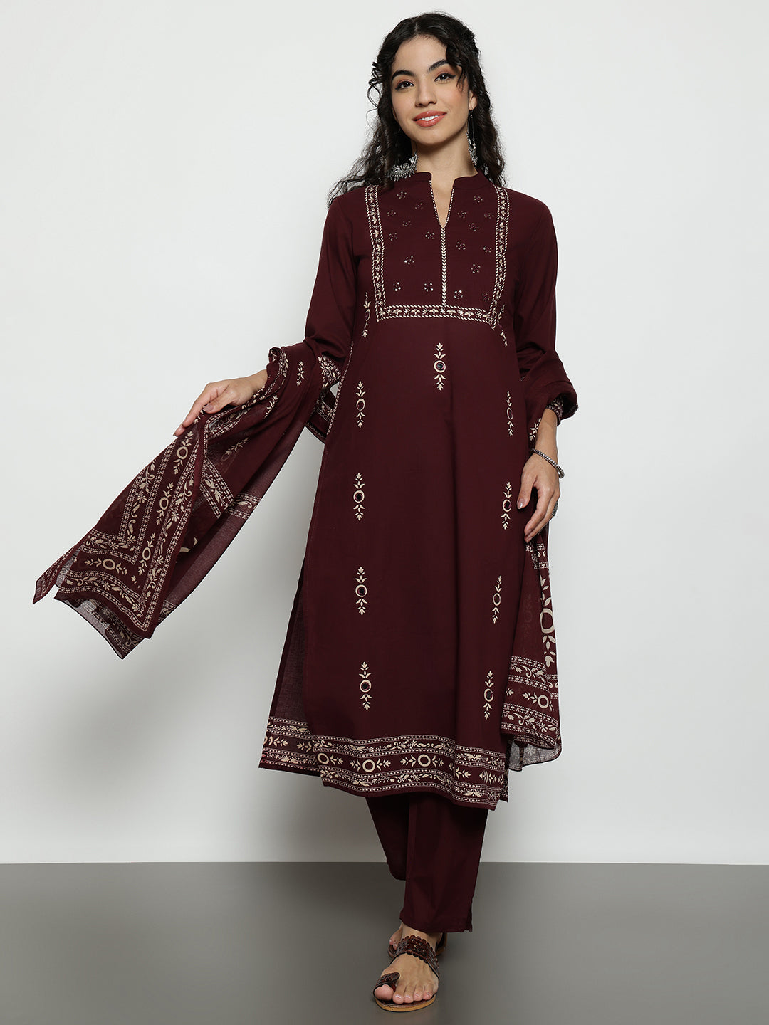Wine Floral Straight Cotton Stitched Kurta, Pant With Dupatta