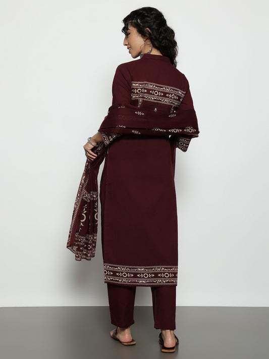 Wine Floral Straight Cotton Stitched Kurta, Pant With Dupatta