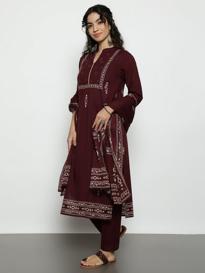 Wine Floral Straight Cotton Stitched Kurta, Pant With Dupatta