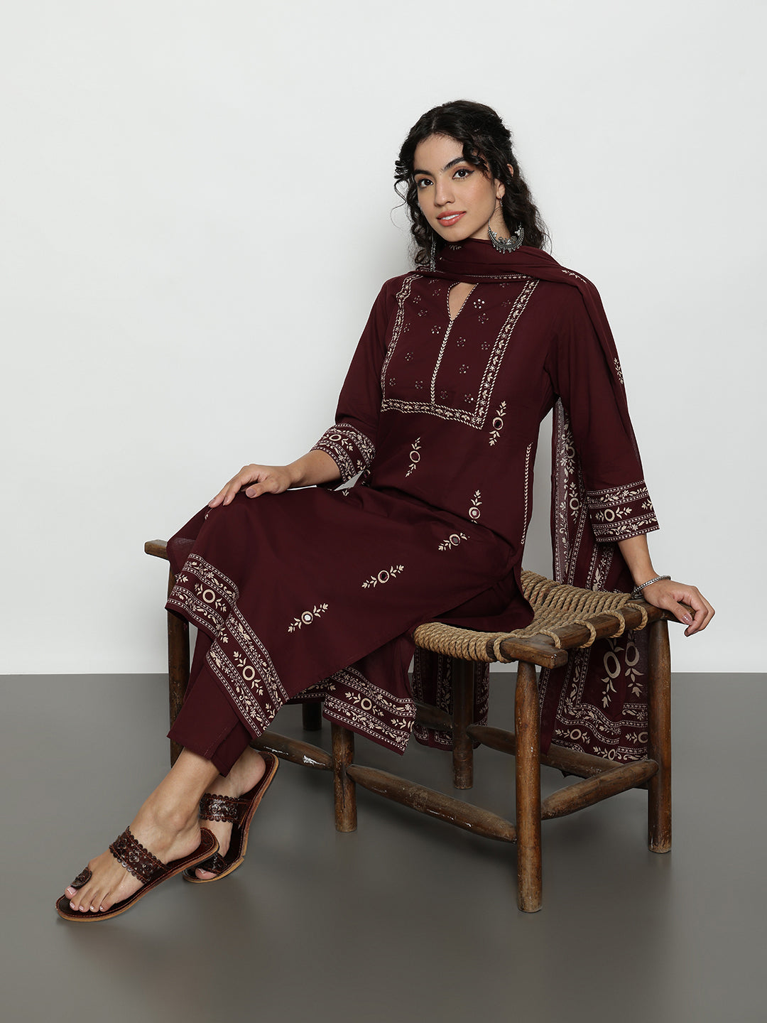 Wine Floral Straight Cotton Stitched Kurta, Pant With Dupatta