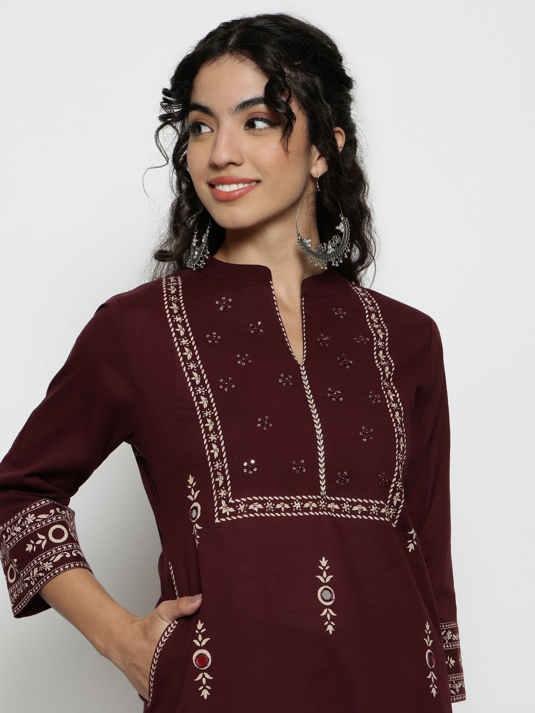 Wine Floral Straight Cotton Stitched Kurta, Pant With Dupatta