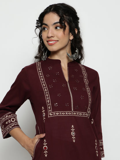 Wine Floral Straight Cotton Stitched Kurta, Pant With Dupatta