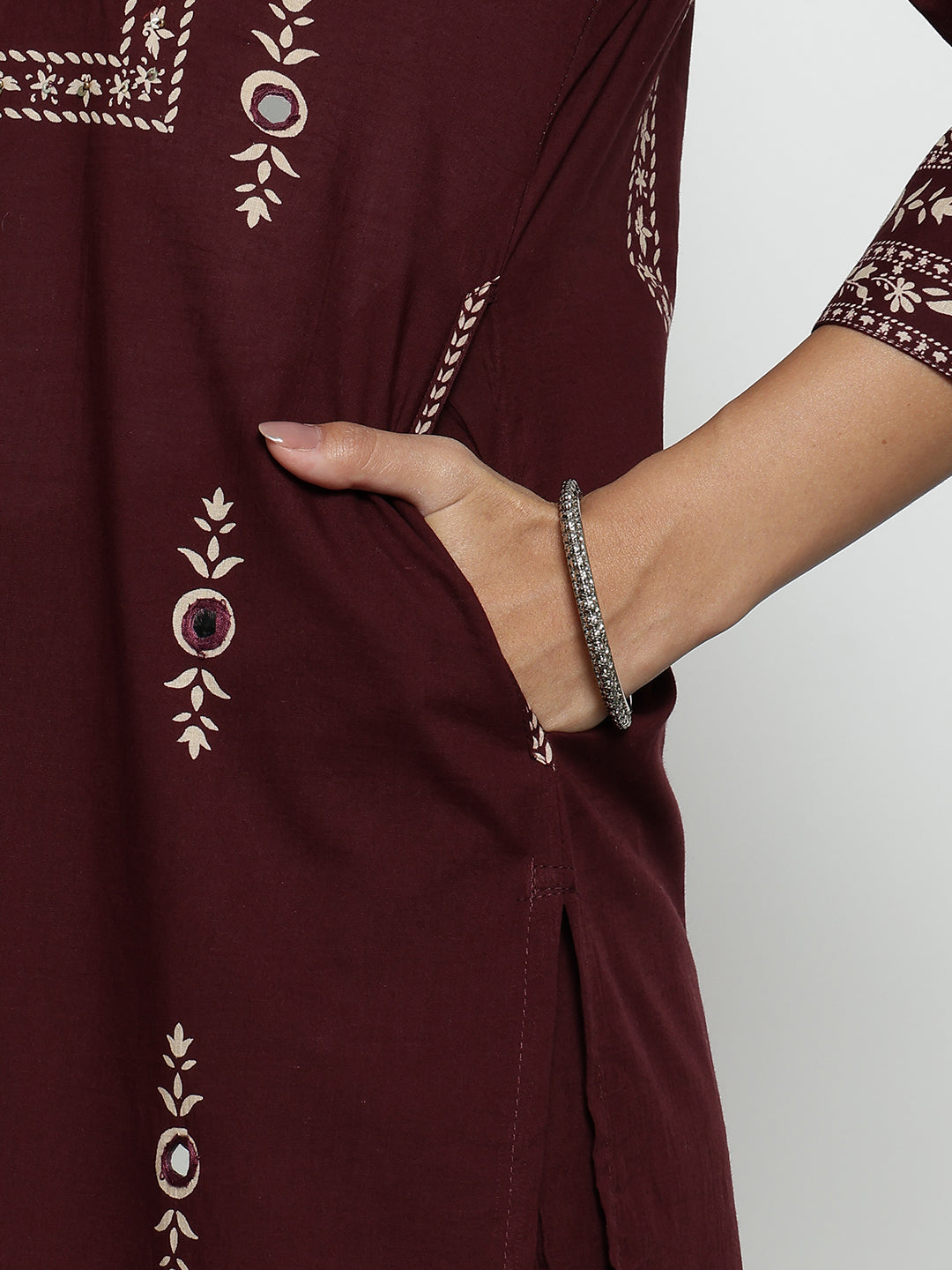 Wine Floral Straight Cotton Stitched Kurta, Pant With Dupatta