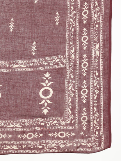 Wine Floral Straight Cotton Stitched Kurta, Pant With Dupatta