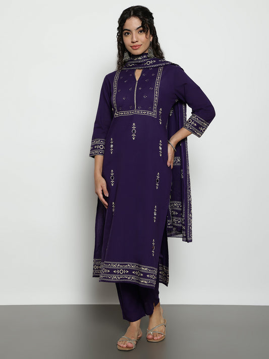 Purple Floral Straight Cotton Stitched Kurta, Pant With Dupatta