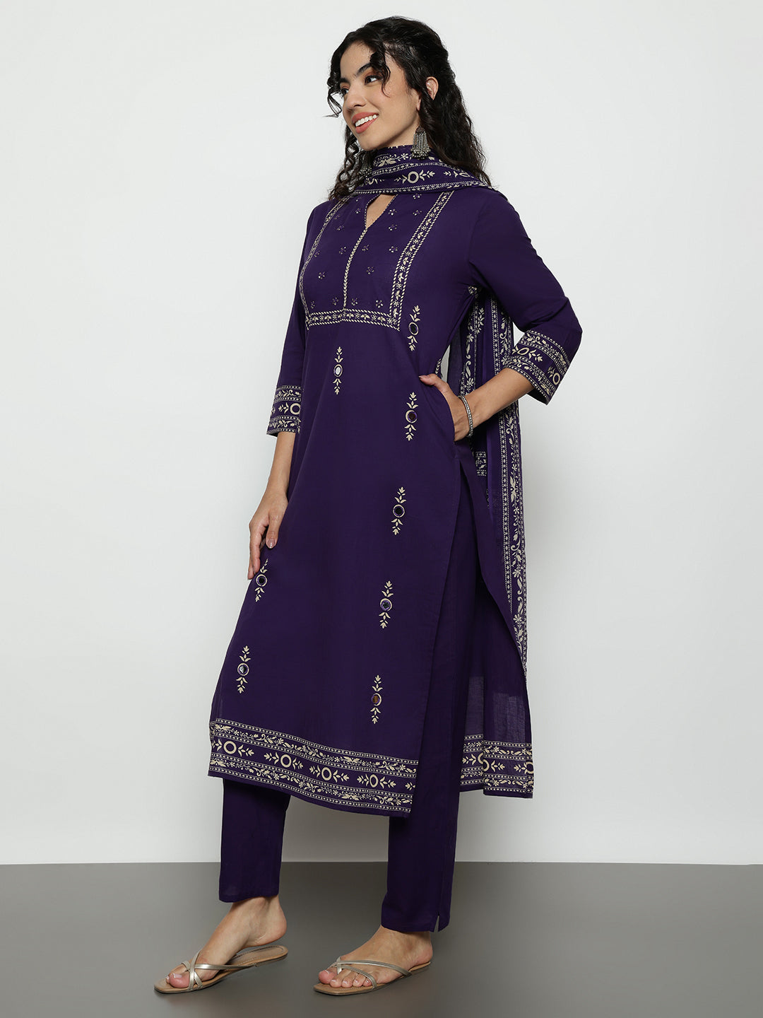 Purple Floral Straight Cotton Stitched Kurta, Pant With Dupatta