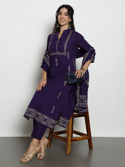Purple Floral Straight Cotton Stitched Kurta, Pant With Dupatta
