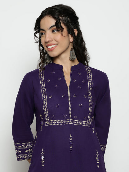 Purple Floral Straight Cotton Stitched Kurta, Pant With Dupatta