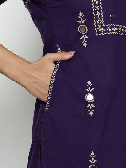 Purple Floral Straight Cotton Stitched Kurta, Pant With Dupatta