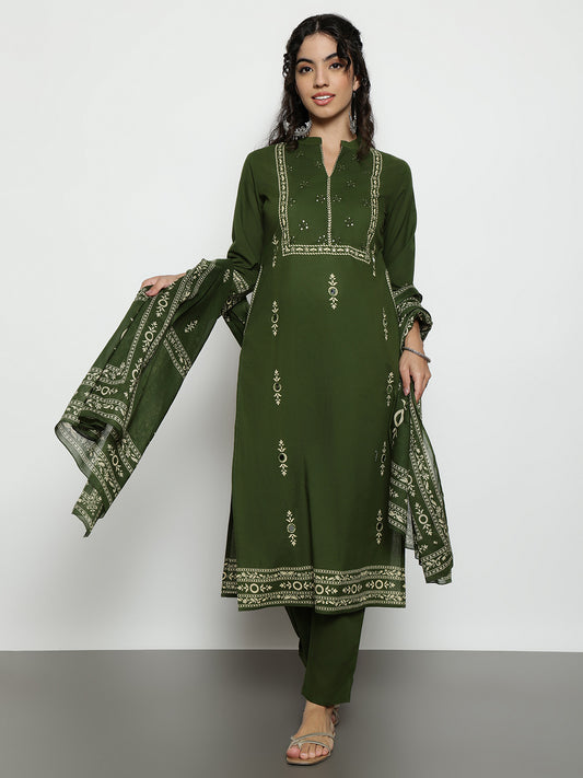 Mehendi-Green Floral Straight Cotton Stitched Kurta, Pant With Dupatta