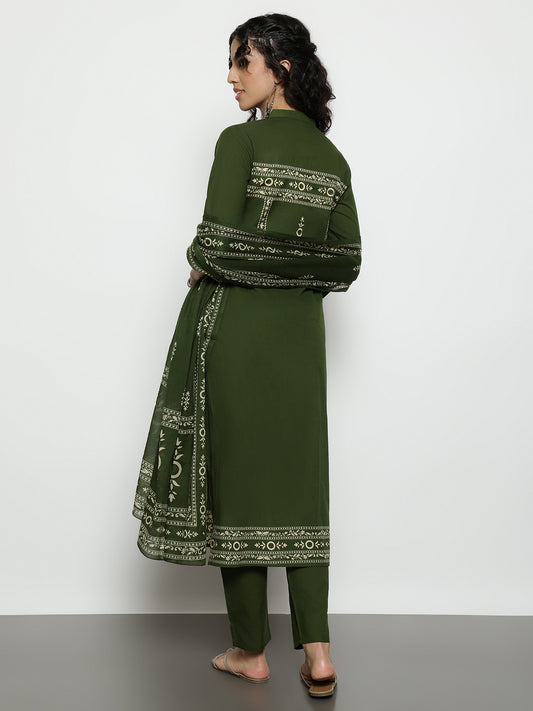 Mehendi-Green Floral Straight Cotton Stitched Kurta, Pant With Dupatta