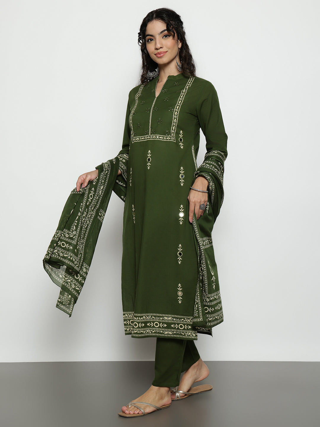 Mehendi-Green Floral Straight Cotton Stitched Kurta, Pant With Dupatta
