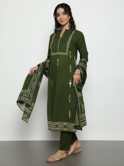 Mehendi-Green Floral Straight Cotton Stitched Kurta, Pant With Dupatta