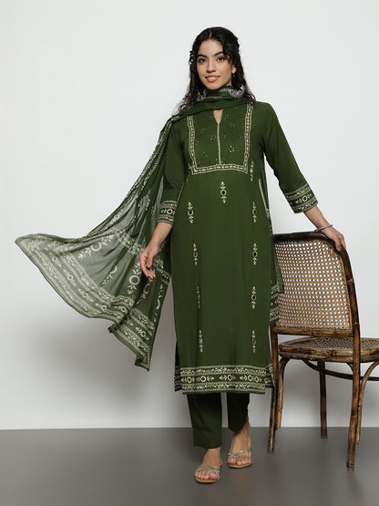 Mehendi-Green Floral Straight Cotton Stitched Kurta, Pant With Dupatta