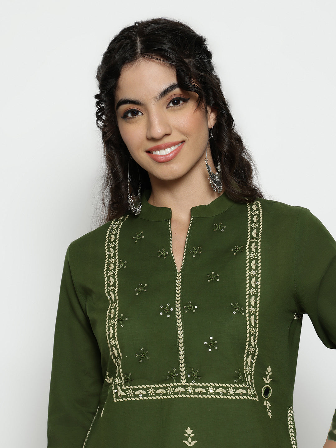 Mehendi-Green Floral Straight Cotton Stitched Kurta, Pant With Dupatta