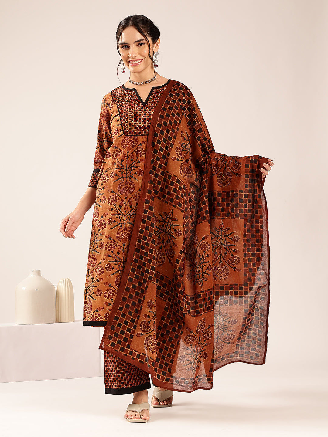 Brown Floral Print Straight Cotton Stitched Kurta Palazzo With Dupatta