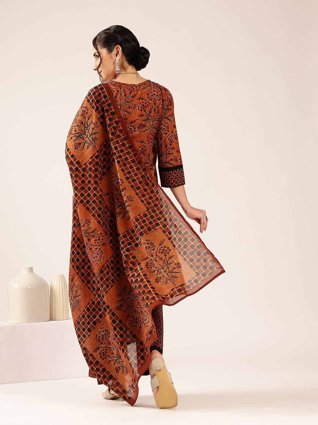 Brown Floral Print Straight Cotton Stitched Kurta Palazzo With Dupatta