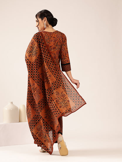 Brown Floral Print Straight Cotton Stitched Kurta Palazzo With Dupatta