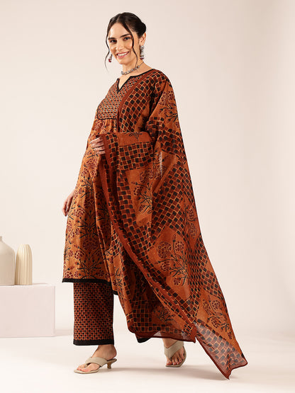 Brown Floral Print Straight Cotton Stitched Kurta Palazzo With Dupatta