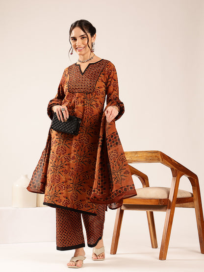 Brown Floral Print Straight Cotton Stitched Kurta Palazzo With Dupatta